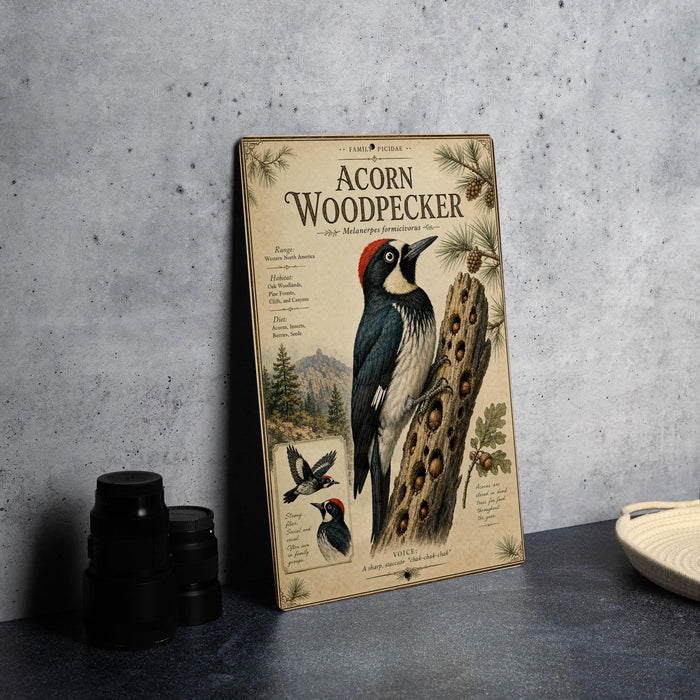 a wooden bird, specifically an oak woodpecker, perched on a tree stump. The bird is depicted in a detailed illustration, showcasing its distinctive features such as its red head, black and white body, and black and white wings. The image also includes text that provides information about the oak woodpecker, such as its habitat, diet, and behavior.