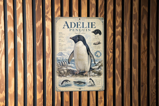 A poster of an Adelie penguin is displayed on a wooden wall.