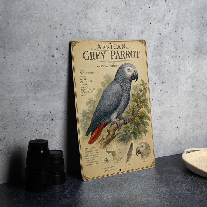 a vintage-style illustration of a grey parrot, with text providing information about the species.