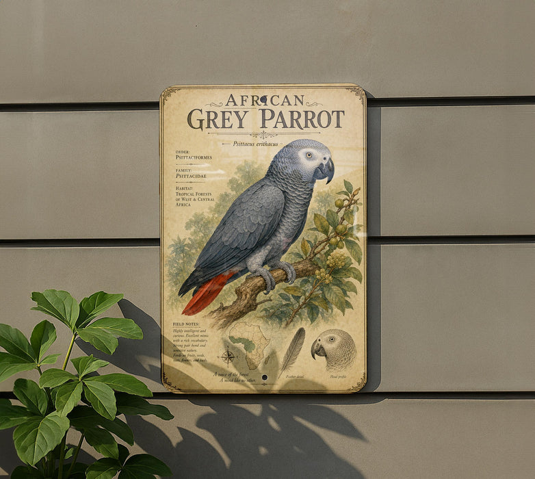 a vintage-style metal sign with an illustration of a grey parrot, mounted on a wall next to a plant.