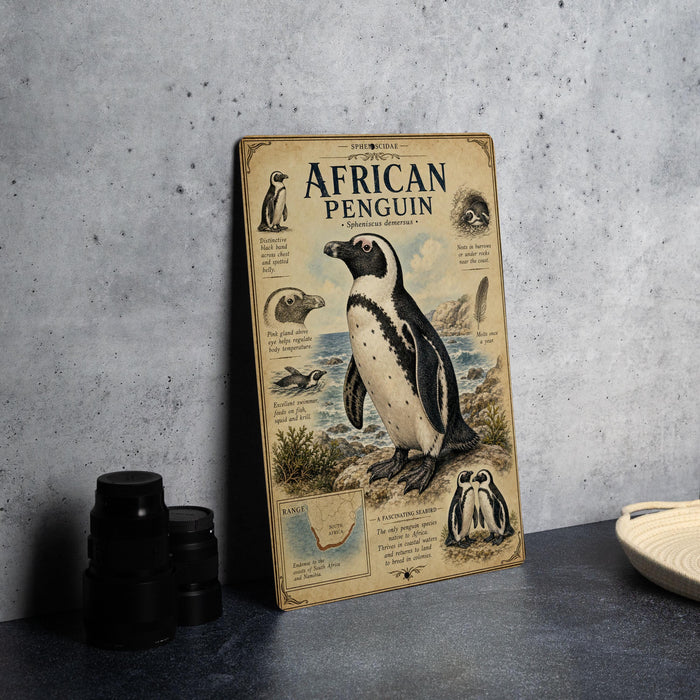 an illustrated poster of an African penguin, with various details and illustrations about the species.