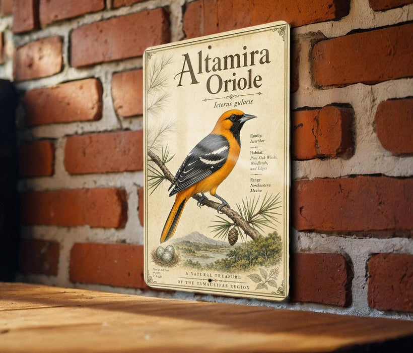 a vintage-style metal sign with an illustration of a bird, likely an oriole, perched on a branch against a brick wall background.