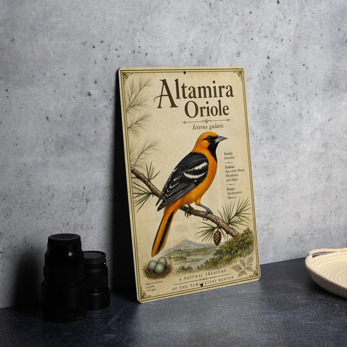 A vintage-style metal calendar featuring an illustration of an orange and black oriole bird perched on a branch, with text describing the bird species.