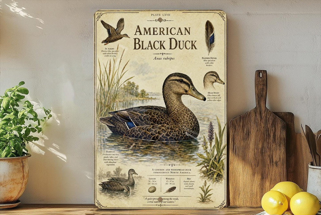 The image is a poster of an American Black Duck, featuring illustrations and text about the bird.