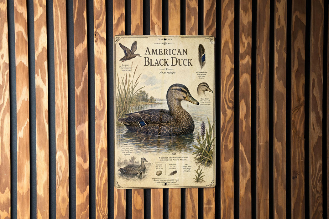 a poster of an American Black Duck, which is mounted on a wooden wall.