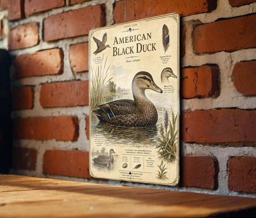 a metal sign with illustrations and text about the American Black Duck, mounted on a brick wall.