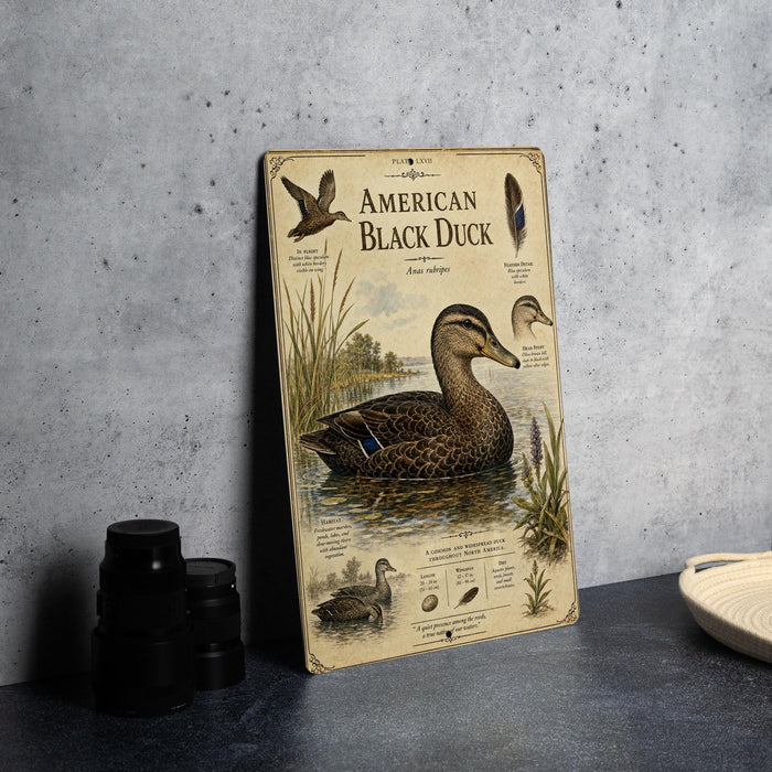 a detailed illustration of an American Black Duck, with various elements such as a duck swimming in a pond, a bird flying above, and a bird perched on a branch. The illustration also includes text that provides information about the duck, such as its habitat, diet, and behavior.
