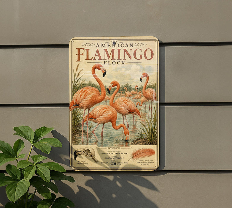 a vintage-style advertisement for American flamingos, with a group of flamingos standing in a pond surrounded by lush greenery.