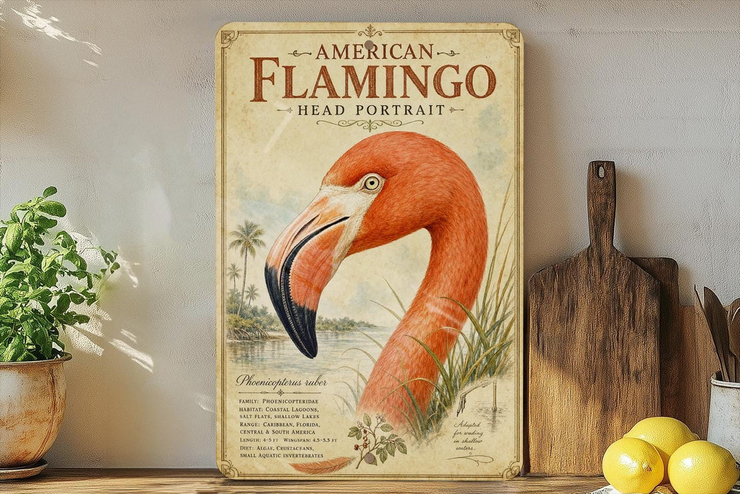 A vintage-style poster of an American flamingo head portrait is displayed on a wall, accompanied by a wooden cutting board and a potted plant.