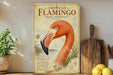 A vintage-style poster of an American flamingo head portrait is displayed on a wall, accompanied by a wooden cutting board and a potted plant.