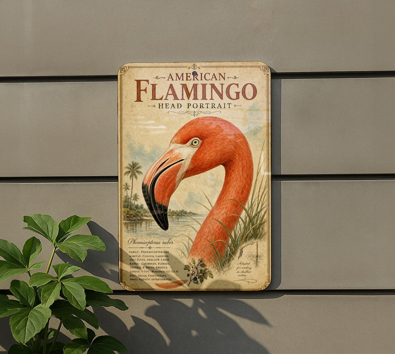 a vintage-style metal sign with an illustration of a flamingo, mounted on a wall.