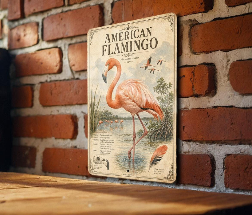 A vintage-style metal sign depicting an American flamingo standing in a pond, with a brick wall in the background.