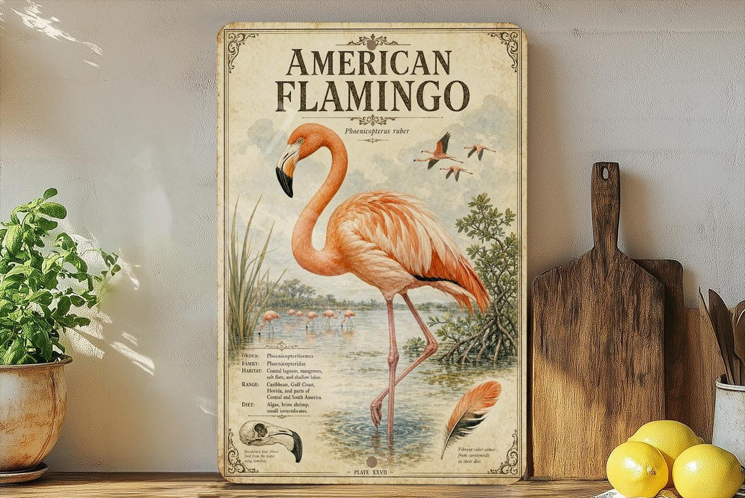a vintage-style poster of an American flamingo, with a detailed illustration of the bird and its natural habitat. The poster is displayed on a shelf next to a wooden cutting board and a potted plant, creating a rustic and homey atmosphere.