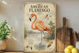 a vintage-style poster of an American flamingo, with a detailed illustration of the bird and its natural habitat. The poster is displayed on a shelf next to a wooden cutting board and a potted plant, creating a rustic and homey atmosphere.