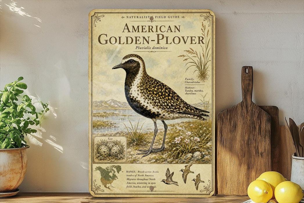 a vintage-style field guide poster for the American Golden-Plover, a bird species, displayed on a shelf next to a wooden cutting board and some potted plants.