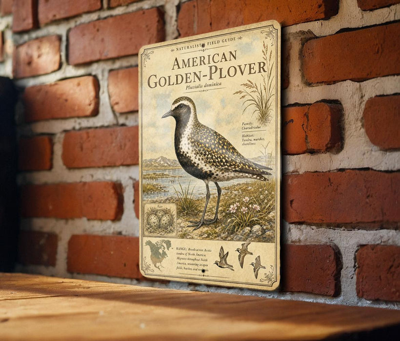 A vintage field guide for the American Golden Plover, featuring an illustration of the bird and detailed text about its habitat, behavior, and conservation status.