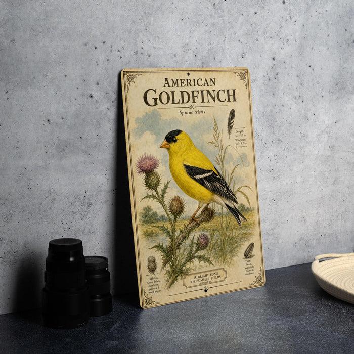 A vintage-style metal sign featuring an illustration of a yellow American Goldfinch bird, surrounded by illustrations of thistle plants and other natural elements.