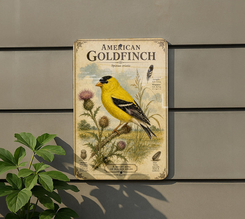 a vintage-style metal sign with an illustration of a goldfinch bird, surrounded by plants and flowers, mounted on a wall.