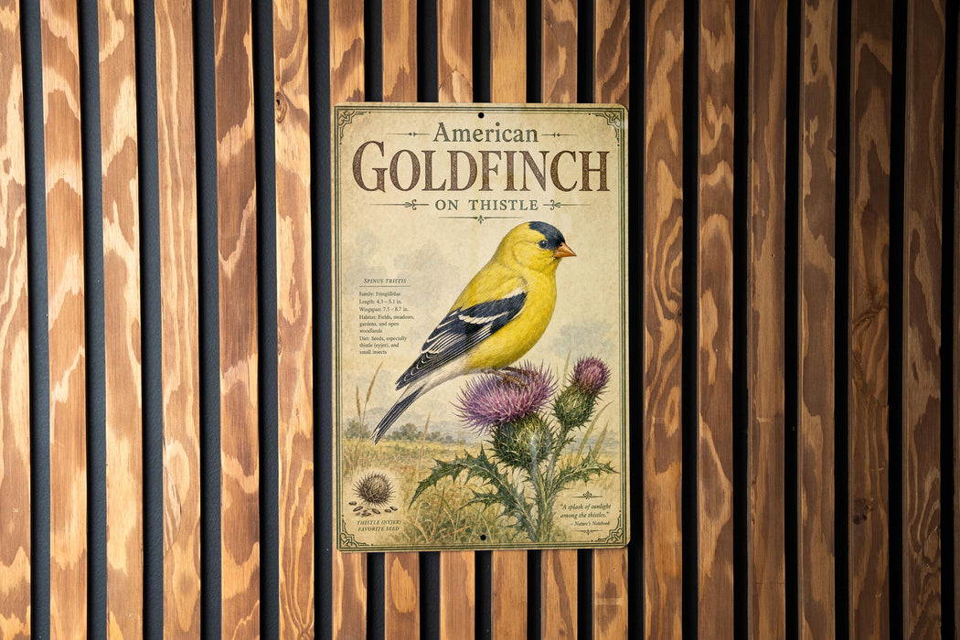 A vintage-style metal sign with an illustration of a yellow finch perched on a thistle plant, mounted on a wooden wall.