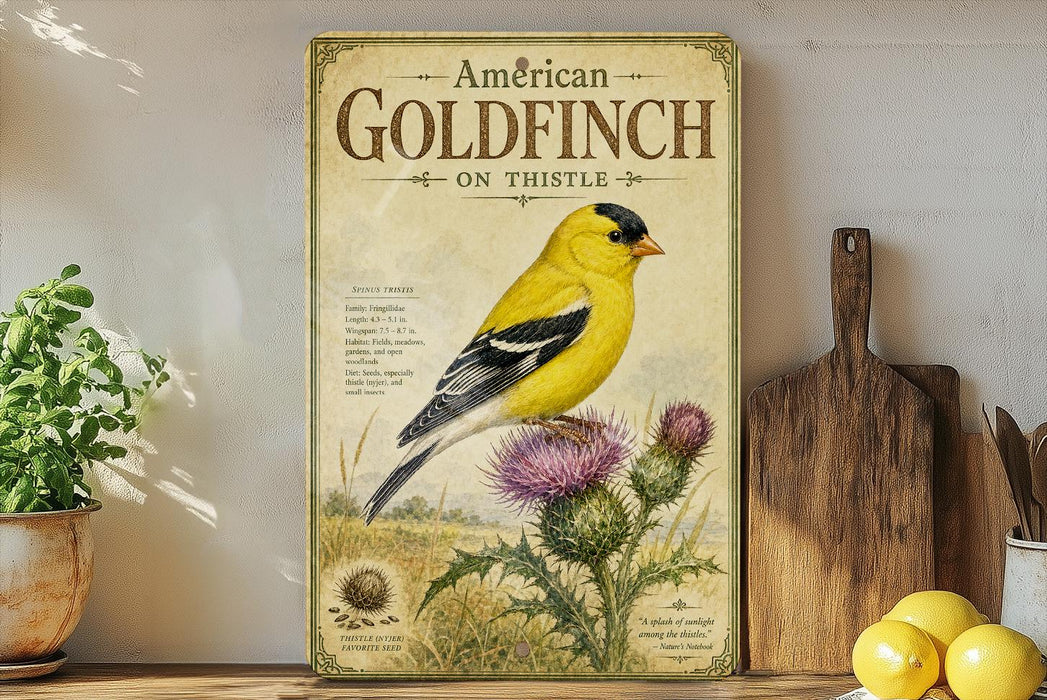 a vintage-style poster of an American Goldfinch on a thistle, displayed on a shelf next to a wooden cutting board and some potted plants.