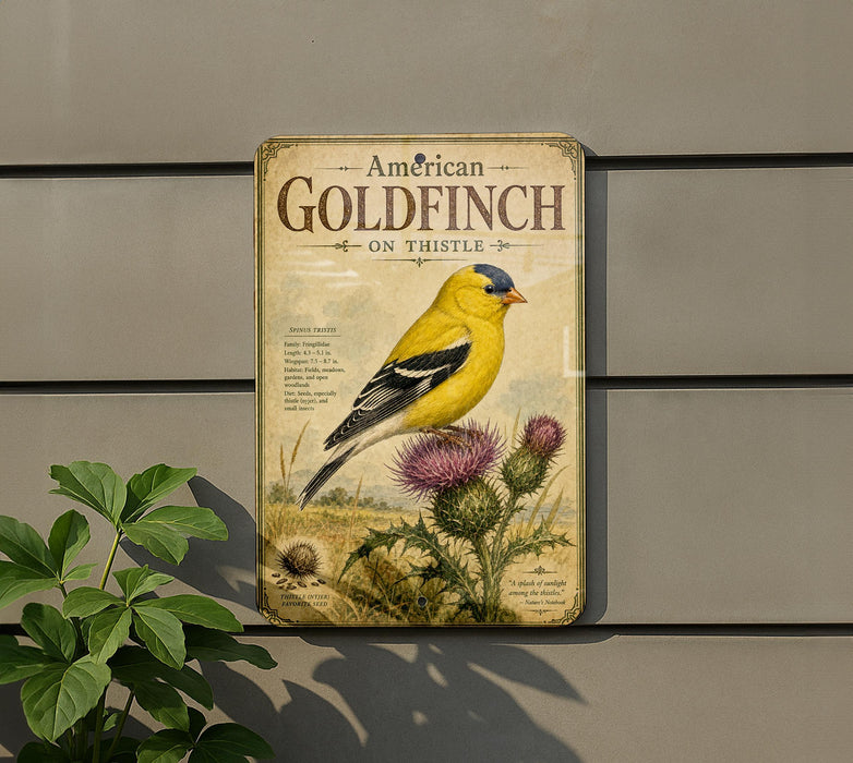 a vintage-style sign with an illustration of a goldfinch perched on a thistle, mounted on a wall.