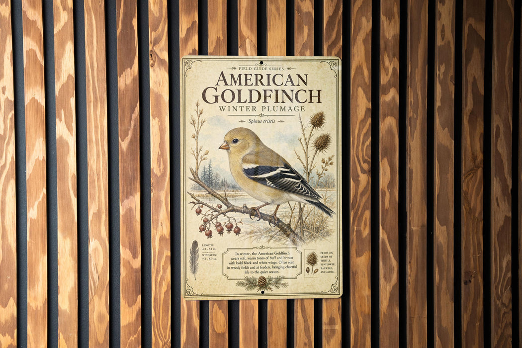 a poster of an American Goldfinch, a winter plumage bird, displayed on a wooden wall.