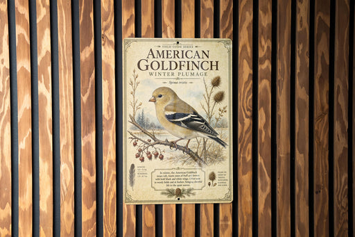 a poster of an American Goldfinch, a winter plumage bird, displayed on a wooden wall.