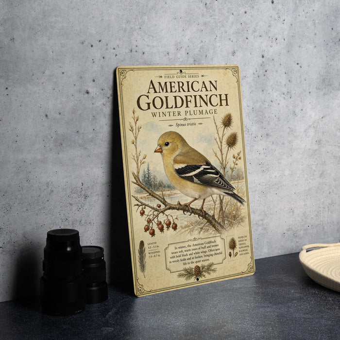 A vintage-style metal plaque featuring an illustration of an American Goldfinch, with text describing the bird and its habitat.