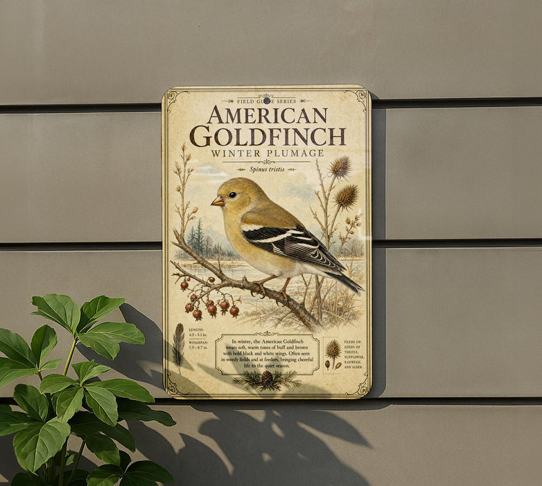 a vintage-style metal sign with an illustration of a goldfinch bird, mounted on a wall.