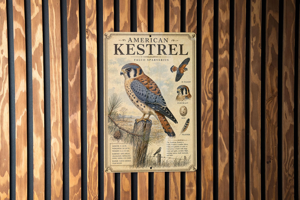 a poster of an American Kestrel, a bird of prey, mounted on a wooden wall.