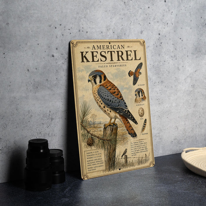a vintage-style metal sign with illustrations and text about the American Kestrel, a bird of prey.