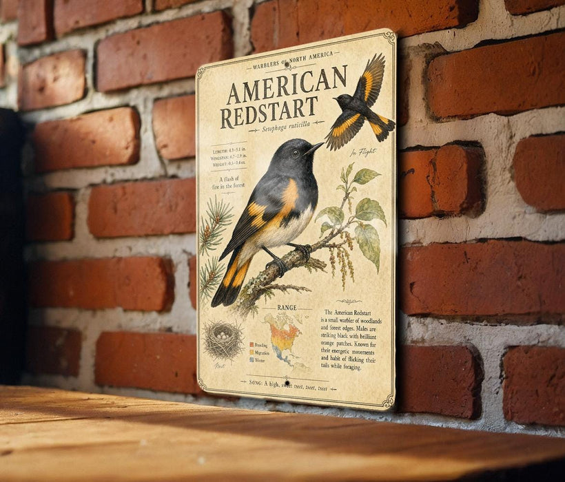 a vintage-style metal sign with illustrations and text, mounted on a brick wall.