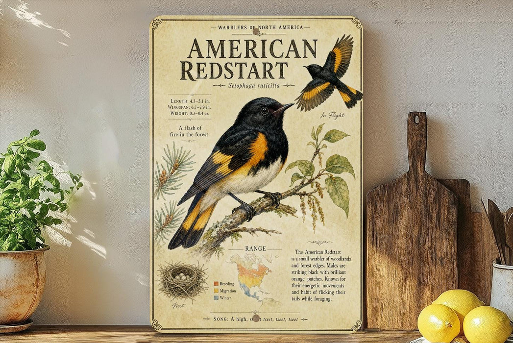a vintage-style poster or sign about the American Redstart bird, with illustrations and text providing information about the bird's appearance, habitat, and behavior.