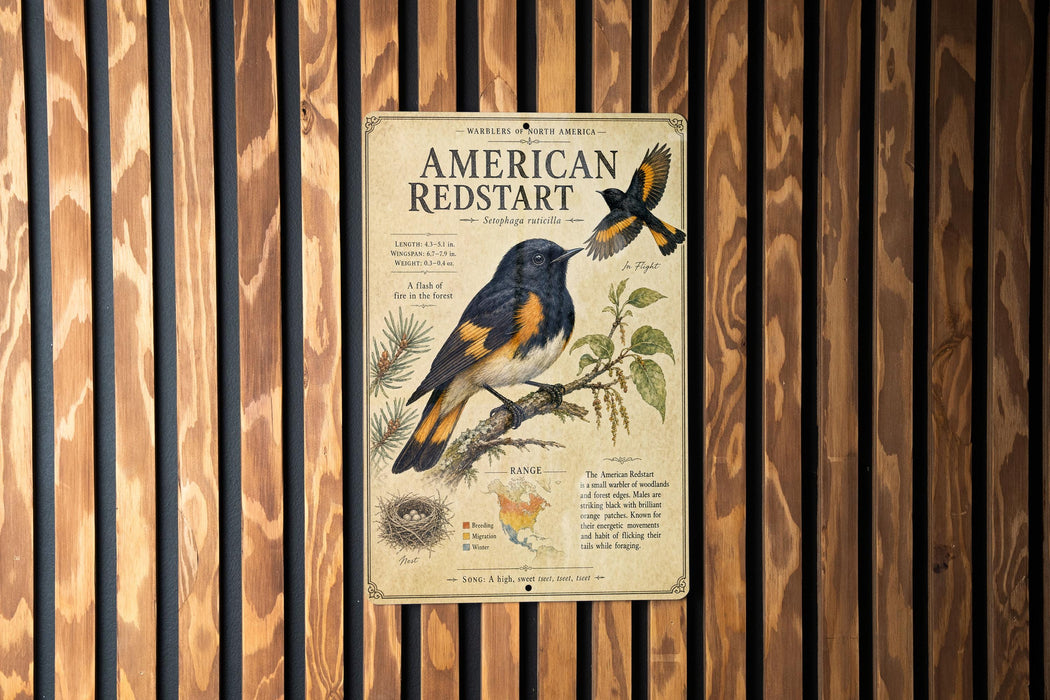 a vintage-style poster or informational display about the American Redstart, a small woodpecker species. The poster includes illustrations and text that provide details about the bird's appearance, habitat, and behavior.