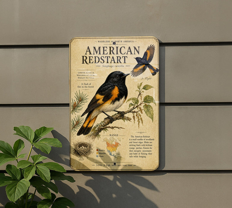 a vintage-style metal sign with illustrations and text about the American Redstart bird, mounted on a wall next to a plant.