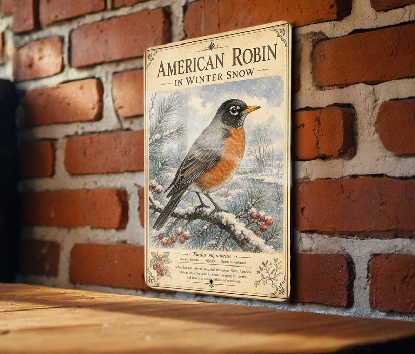A vintage-style metal sign featuring an illustration of a robin perched on a branch with snow and pine trees in the background, mounted on a brick wall.