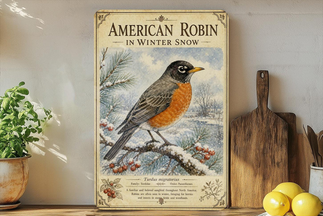 A vintage-style poster of an American robin in winter snow, featuring a detailed illustration of the bird perched on a branch with berries.