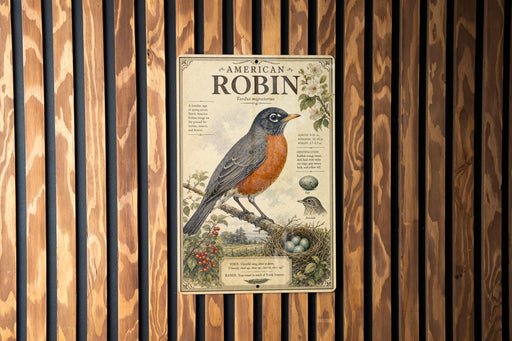 a vintage-style poster of a robin, with illustrations of the bird and its surroundings, such as berries and a nest.
