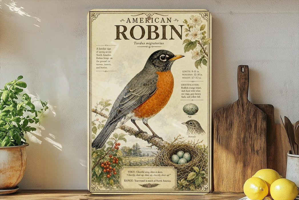 a vintage-style illustration of a robin, with detailed illustrations of the bird, its nest, and surrounding flora.