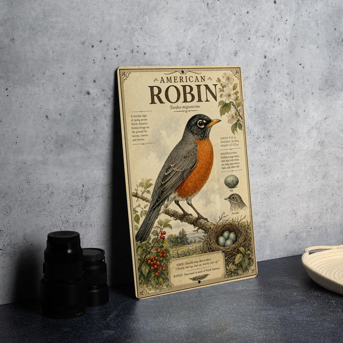 a vintage-style illustration of an American robin, with detailed illustrations of the bird, its nest, and surrounding foliage.