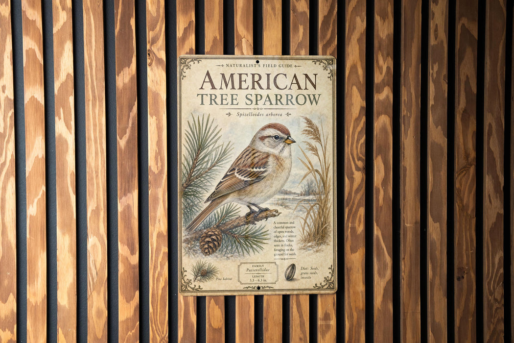 a poster of a sparrow perched on a pine branch, mounted on a wooden wall.