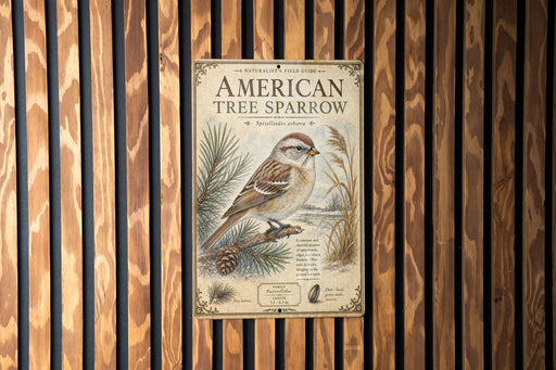 a poster of a sparrow perched on a pine branch, mounted on a wooden wall.