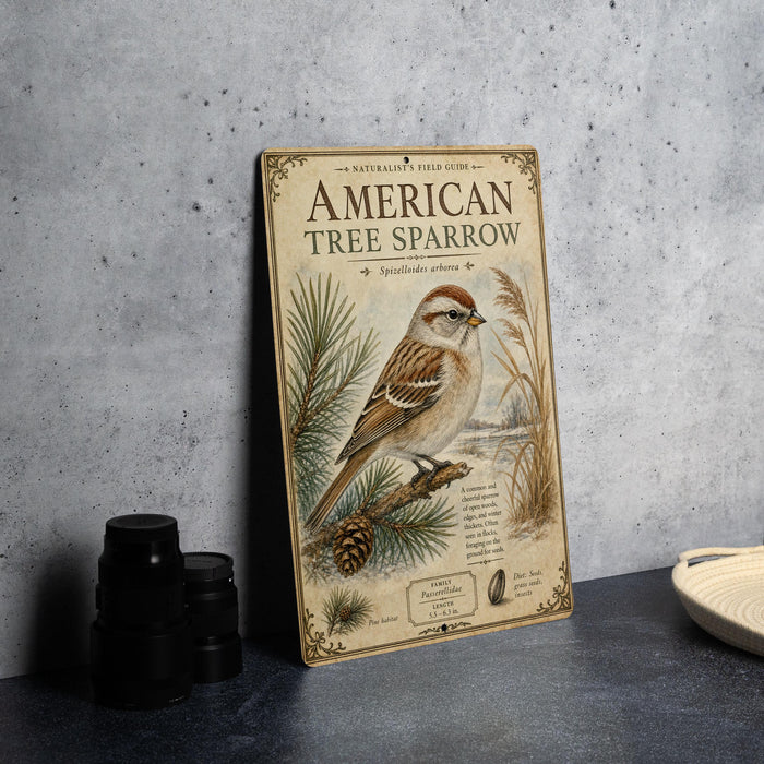 a vintage-style metal sign with an illustration of an American tree sparrow perched on a pine branch, surrounded by pine cones and pine needles.