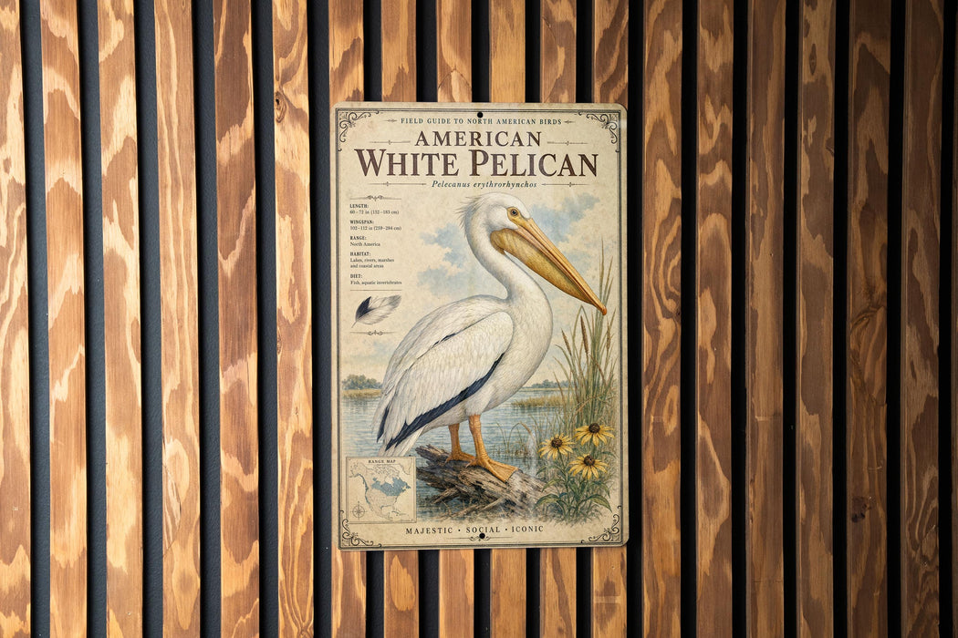 a vintage-style poster of a pelican, which is mounted on a wooden wall.