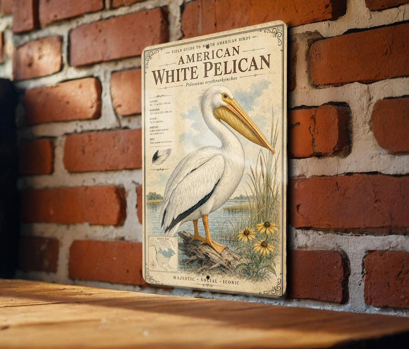 A vintage-style field guide to the American White Pelican, featuring illustrations and information about the species.