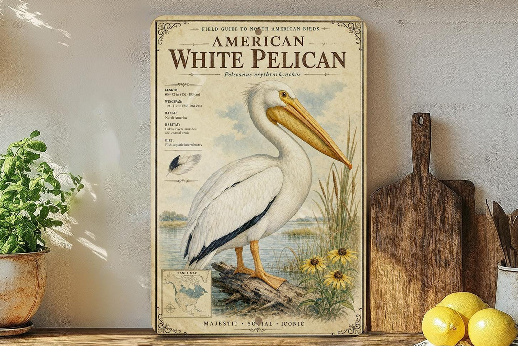 a large illustration of a white pelican standing on a log, surrounded by flowers and plants, with a wooden paddle and a potted plant nearby.