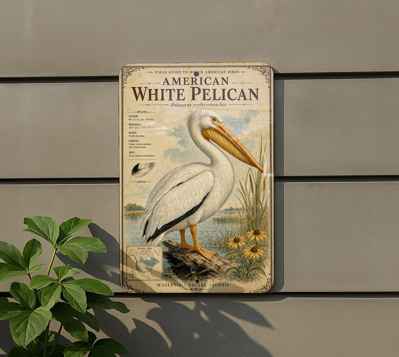 a large white pelican standing on a rock, with a plant in the foreground.