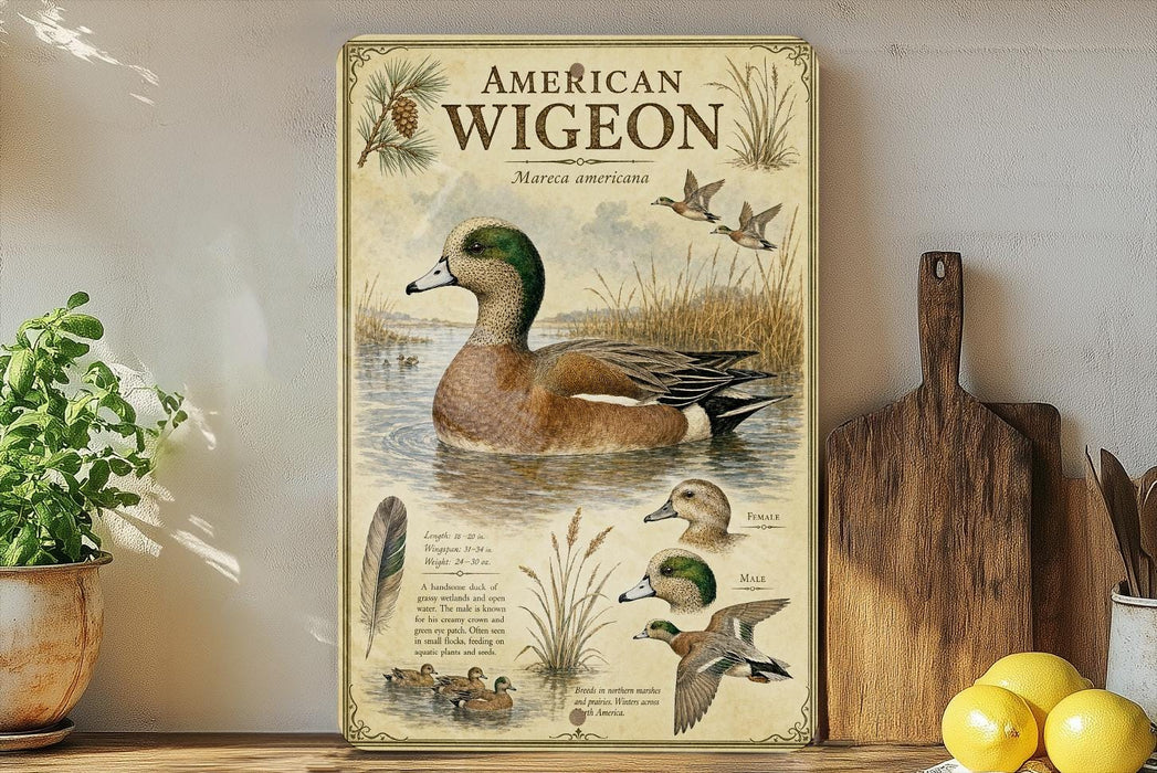 The image is a poster or painting of an American wigeon, featuring illustrations of the bird in various poses and surrounded by natural elements such as grass, pine trees, and water.