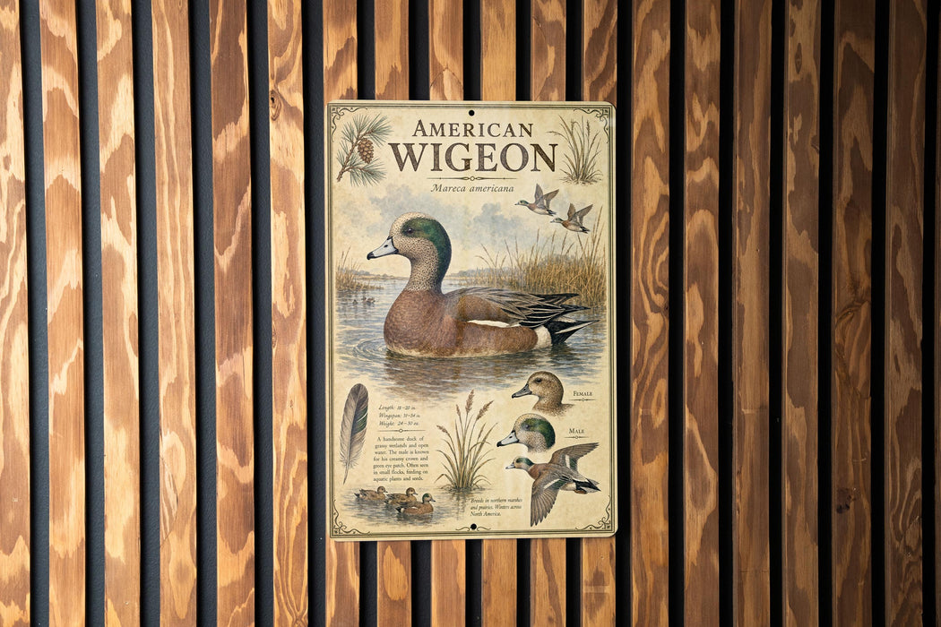 The image is a vintage-style poster or sign about the American wigeon, featuring illustrations and text about the bird.