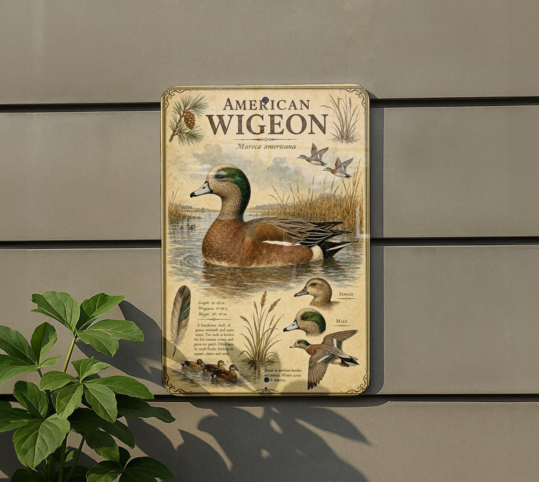 a metal sign with illustrations and text about the American Wigeon, a type of waterfowl.